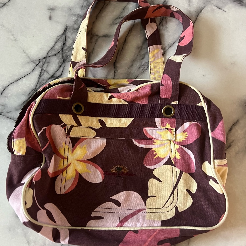 Tommy Bahama Brown and Pink Shoulder Bag with Tropical Design GUC